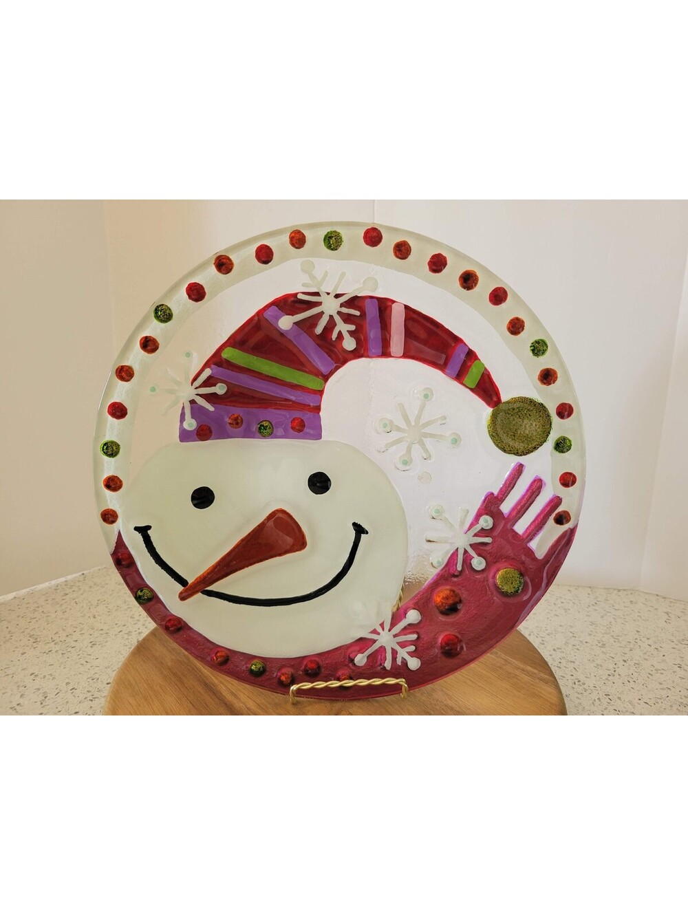 Silvestri Snowman Fused Glass Round Centerpiece Plate Multicolor Christmas Decor